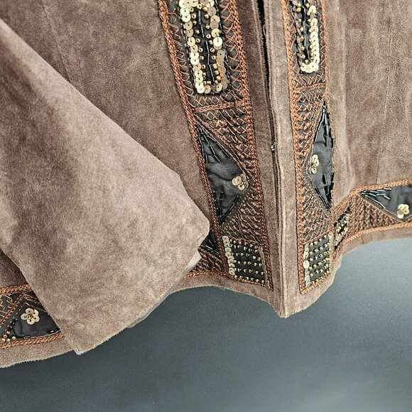 Laura Ashley Nubuck Leather Blazer Jacket L Brown Beaded Sequin Embroidered New - Picture 8 of 13